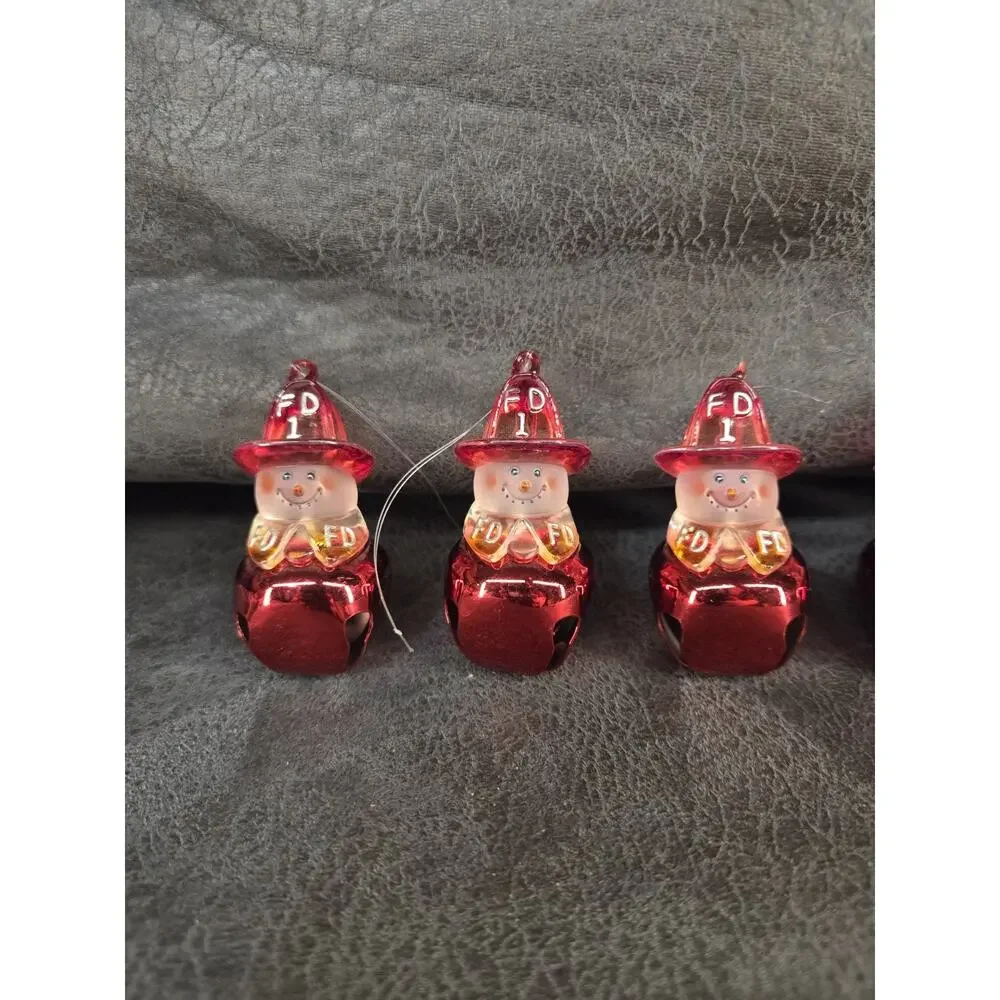 Lot of 6 Vintage Firefighter Snowman Jingle Bell Ornaments Red Metal FD 1...